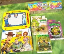 Toy Story book w/ writing pad, New 3pk Modeling dough & 3 New Teenage Mutant ninja Turtle hot wheels