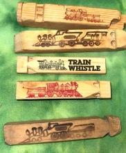 5 Wooden Train Whistles