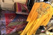 Handmade Hindu Silk Dress & Pants, Hand Embroidered Stool and Hand Embroidered Throw