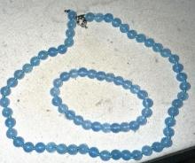Blue Jade Necklace and Bracelet - Fashion Hand Knotted Round Beads