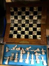 Vintage Wood Carved Asian Chess Board with Stone Pieces (a couple pieces need a little repair)