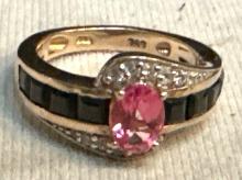 Sterling Silver Ring with Pink and White Sapphire and onyx size 7