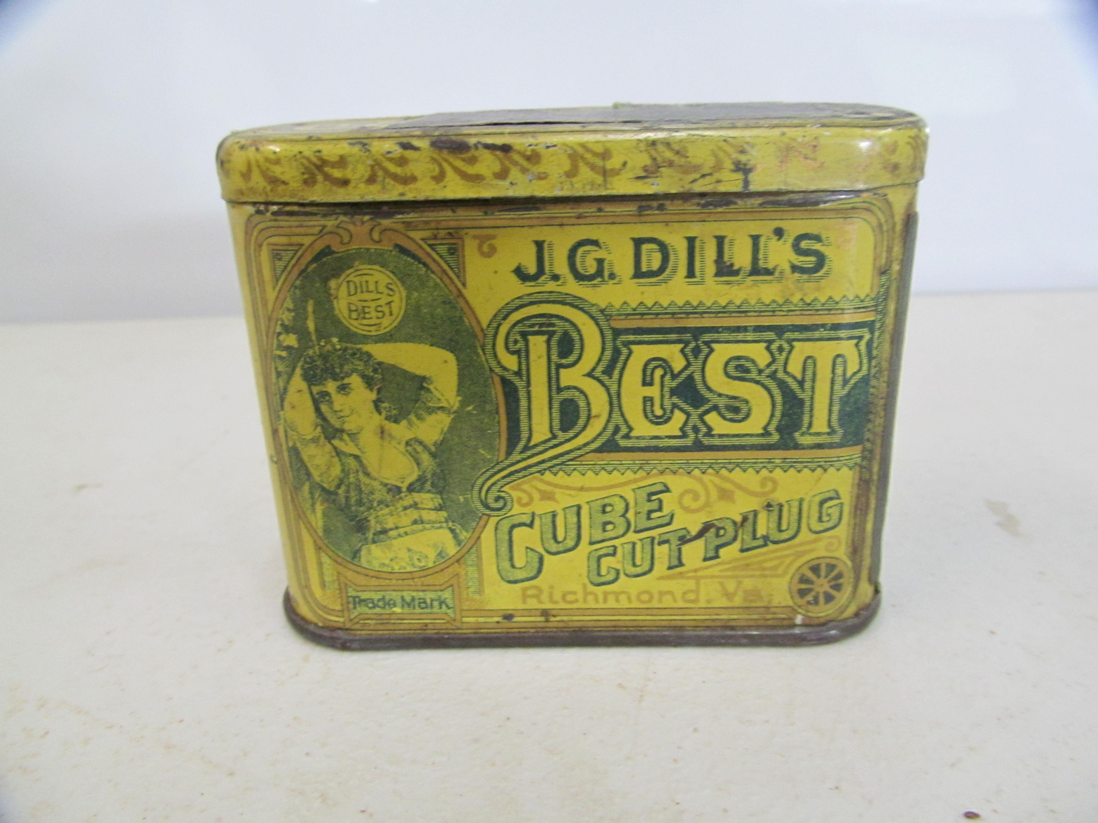 J.G Dills Best Cube;cut plug pocket tin 3 ½ x 2 ½