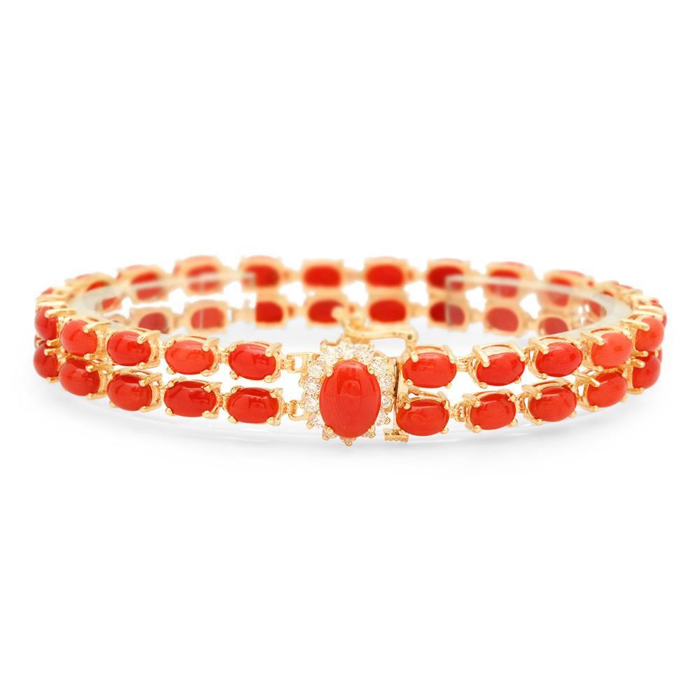 14K Gold 19.20ct Coral 0.33cts Diamond Bracelet