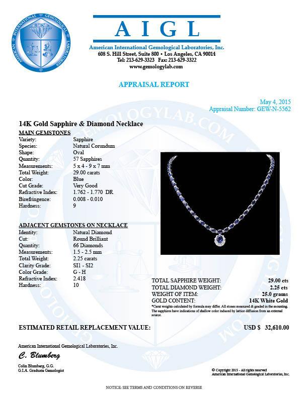 14k Gold 29ct Sapphire 2.25ct Diamond Necklace