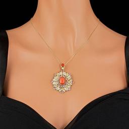 14k Gold 7.00ct Coral 1.80ct Diamond Pendant