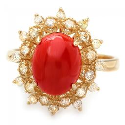 14k Yellow Gold 2.75ct Coral 0.50ct Diamond Ring