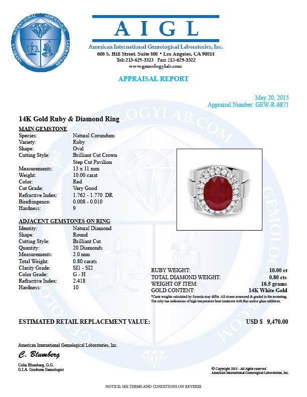 14k White Gold 10.00ct Ruby 0.80ct Diamond Ring