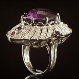 14K Gold 27.00ct Amethyst, 0.08ct Ruby 1.70ct Diamond Ring