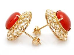 14k Gold 8.00ct Coral 1.50ct Diamond Earrings