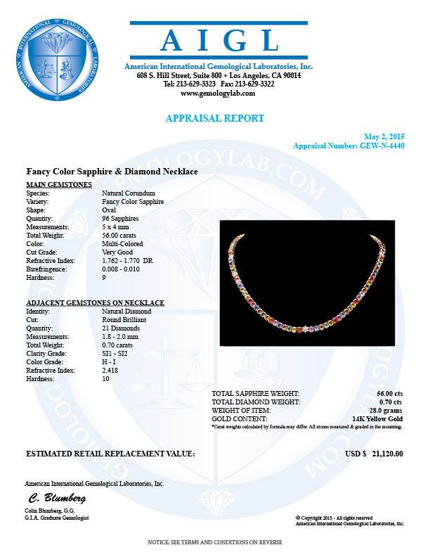 14k Gold 56ct Sapphire 0.70ct Diamond Necklace