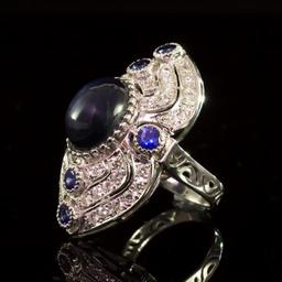 14K Gold 12.60ct Star Sapphire, 0.55ct Sapphire  1.41ct Diamond Ring