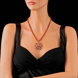 14k Gold 58.50ct Coral 5.50ct Diamond Necklace