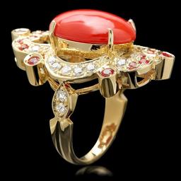 14k Yellow Gold 6.00ct Coral 0.70ct Diamond Ring