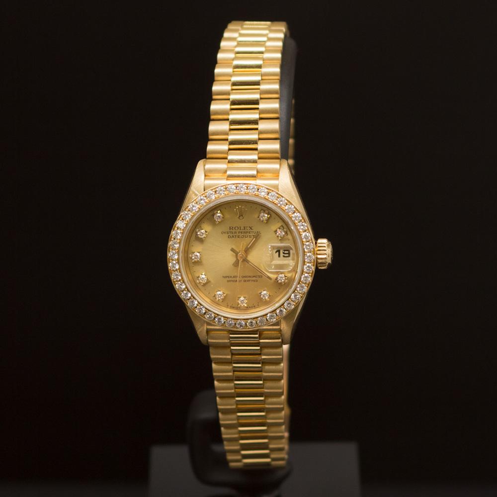 Rolex 18K Gold Presidential 26mm Diamond Dial Diamond Bezel Women's Wristwatch