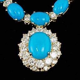 14k Gold 35.5ct Turquoise 3.50ct Diamond Necklace