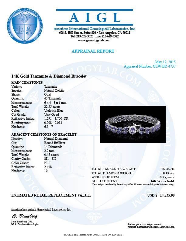 14k 22.35ct Tanzanite 0.45ct Diamond Bracelet