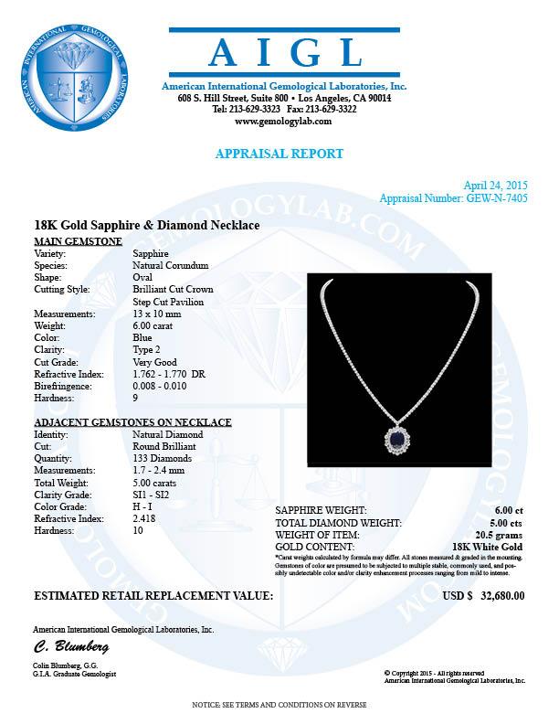 18k Gold 6ct Sapphire 5.00ct Diamond Necklace