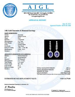 14k Gold 4ct Tanzanite 1.35ct Diamond Earrings