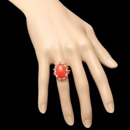 14k Yellow Gold 5.00ct Coral 0.35ct Diamond Ring