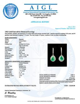 14K Gold 4.86ct Emerald 1.79ct Diamond Earrings