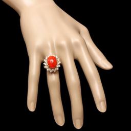 14k Yellow Gold 5.50ct Coral 0.90ct Diamond Ring