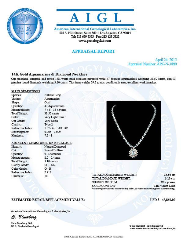 14k 33.5ct Aquamarine 3.10ct Diamond Necklace