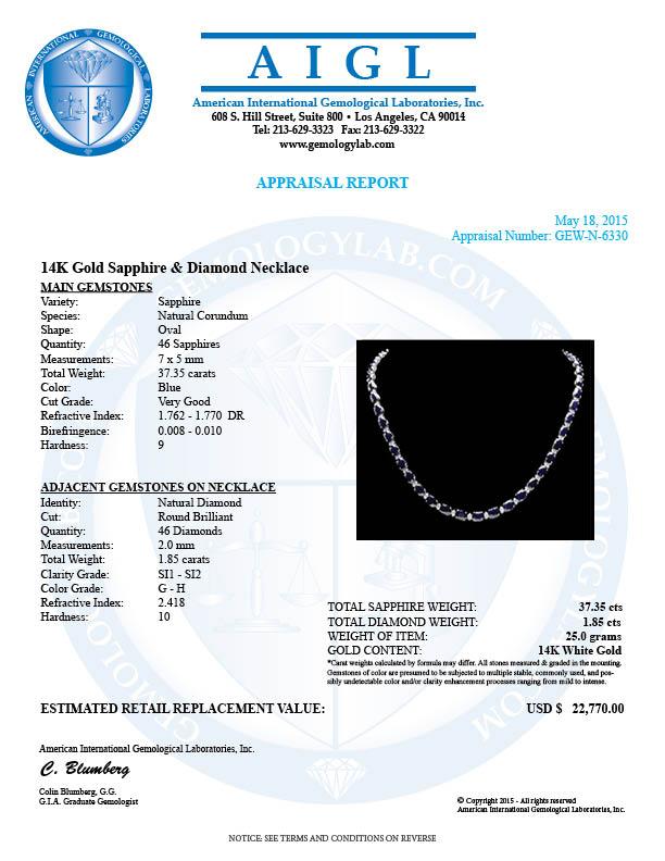 14k Gold 37ct Sapphire 1.85ct Diamond Necklace