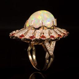 14K Gold 13.28ct Opal, 1.28ct Orange Sapphire 1.10ct Diamond Ring