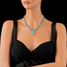 14k Gold 53.5ct Turquoise 5.20ct Diamond Necklace