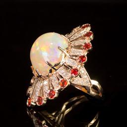 14K Gold 13.28ct Opal, 1.28ct Orange Sapphire 1.10ct Diamond Ring