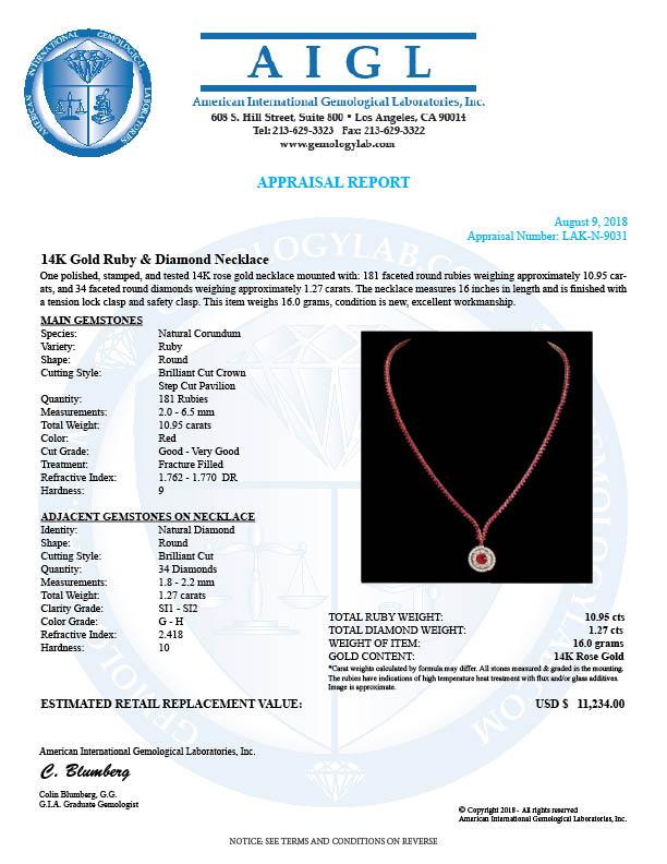 14K Rose Gold, 10.95cts Ruby & 1.27cts Diamond Necklace