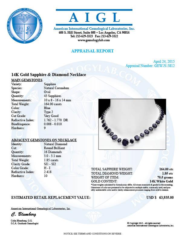 14k W Gold 164ct Sapphire 1.85ct Diamond Necklace