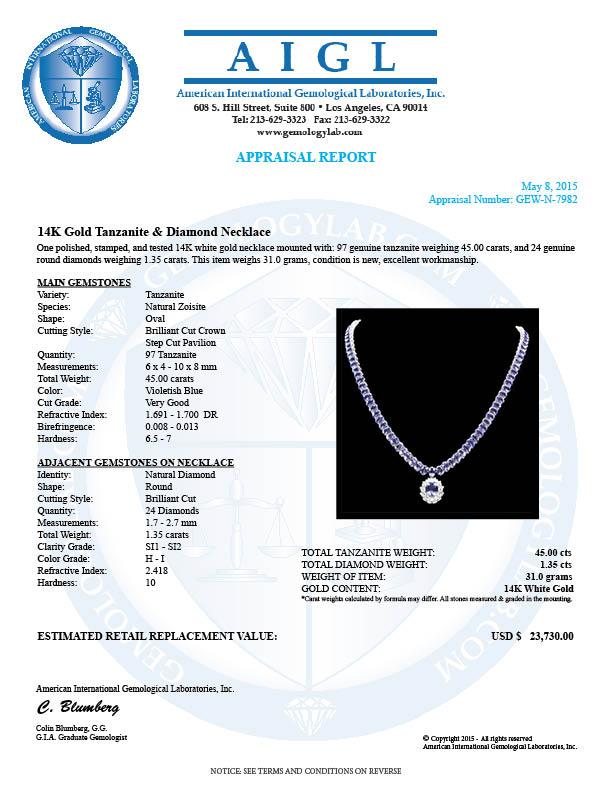 14k W Gold 45ct Tanzanite 1.35ct Diamond Necklace