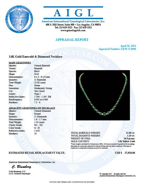 14k Gold 23ct Emerald 1.10ct Diamond Necklace