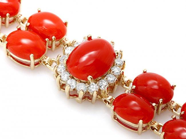 14k Gold 35ct Coral 1.70ct Diamond Bracelet