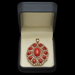 14K Yellow Gold 15.72ct Coral 5.48ct Diamond Pendant