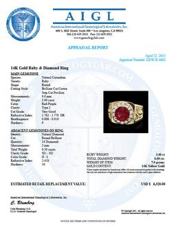 14k Gold 3.00ct Ruby 0.50ct Diamond Mens Ring