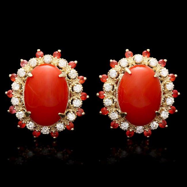 14k Gold 8.00ct Coral 0.90ct Diamond Earrings