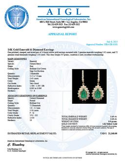 14K Gold 3.45ct Emerald 3.10ct Diamond Earrings