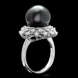 14k White Gold 12mm Pearl 0.50ct Diamond Ring