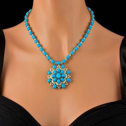 14k 64.00ct Turquoise 5.00ct Diamond Necklace