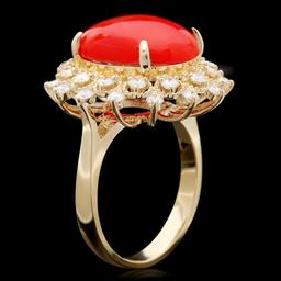 14k Yellow Gold 5.50ct Coral 0.90ct Diamond Ring