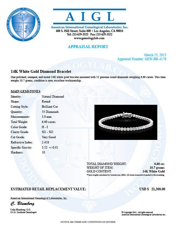 14k White Gold 6.60ct Diamond Bracelet