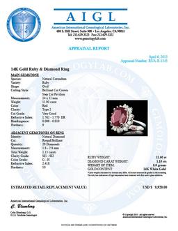 14k White Gold 11.00ct Ruby 1.15ct Diamond Ring