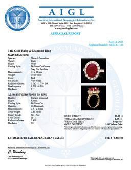 14k Yellow Gold 10.00ct Ruby 1.85ct Diamond Ring