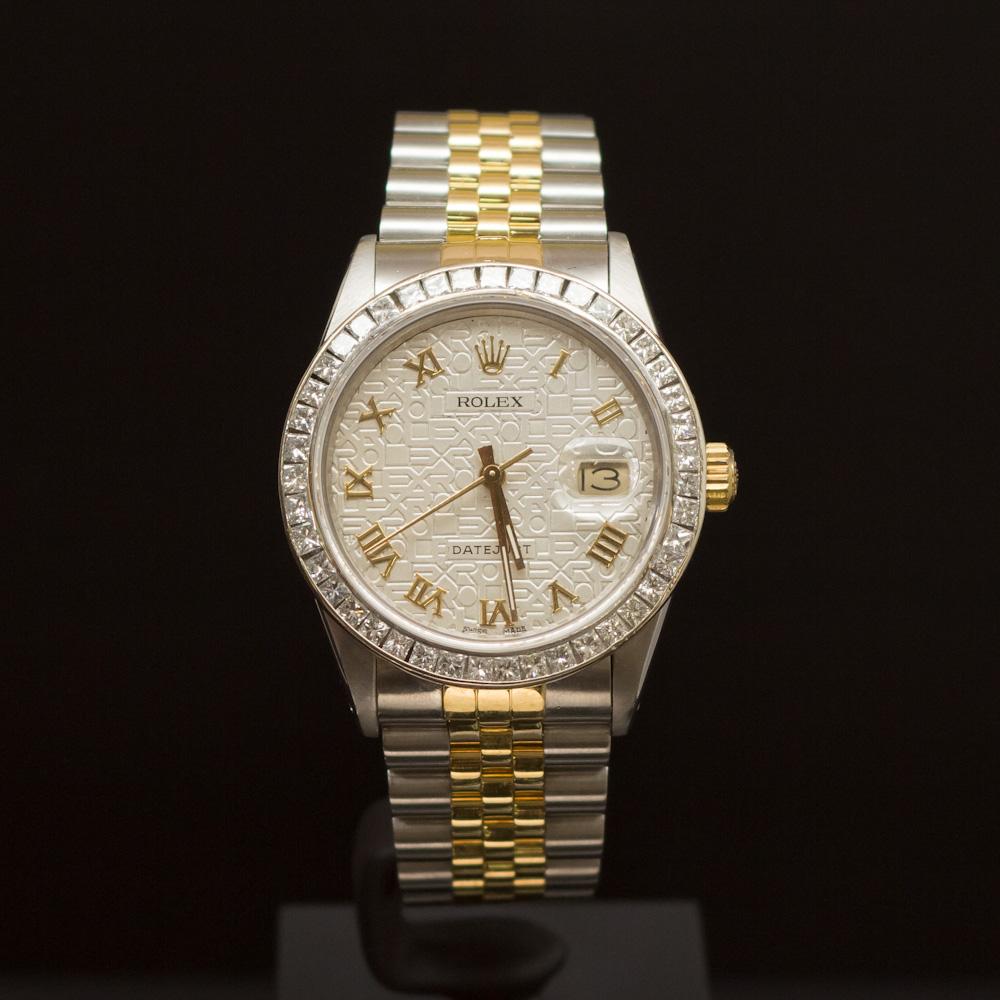 Rolex Two-Tone Datejust 36mm Custom Silver Jubeele Dial with Gold Roman Numerals, Bezel 2.25ct Men's