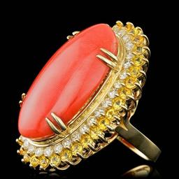 14k Yellow Gold 19.00ct Coral 1.50ct Diamond Ring