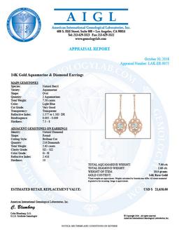 14K Rose Gold, 7.59cts Aquamarine, 2.63cts Diamond Earring