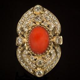 14K Gold 5.07ct Coral 2.72ct Diamond Ring